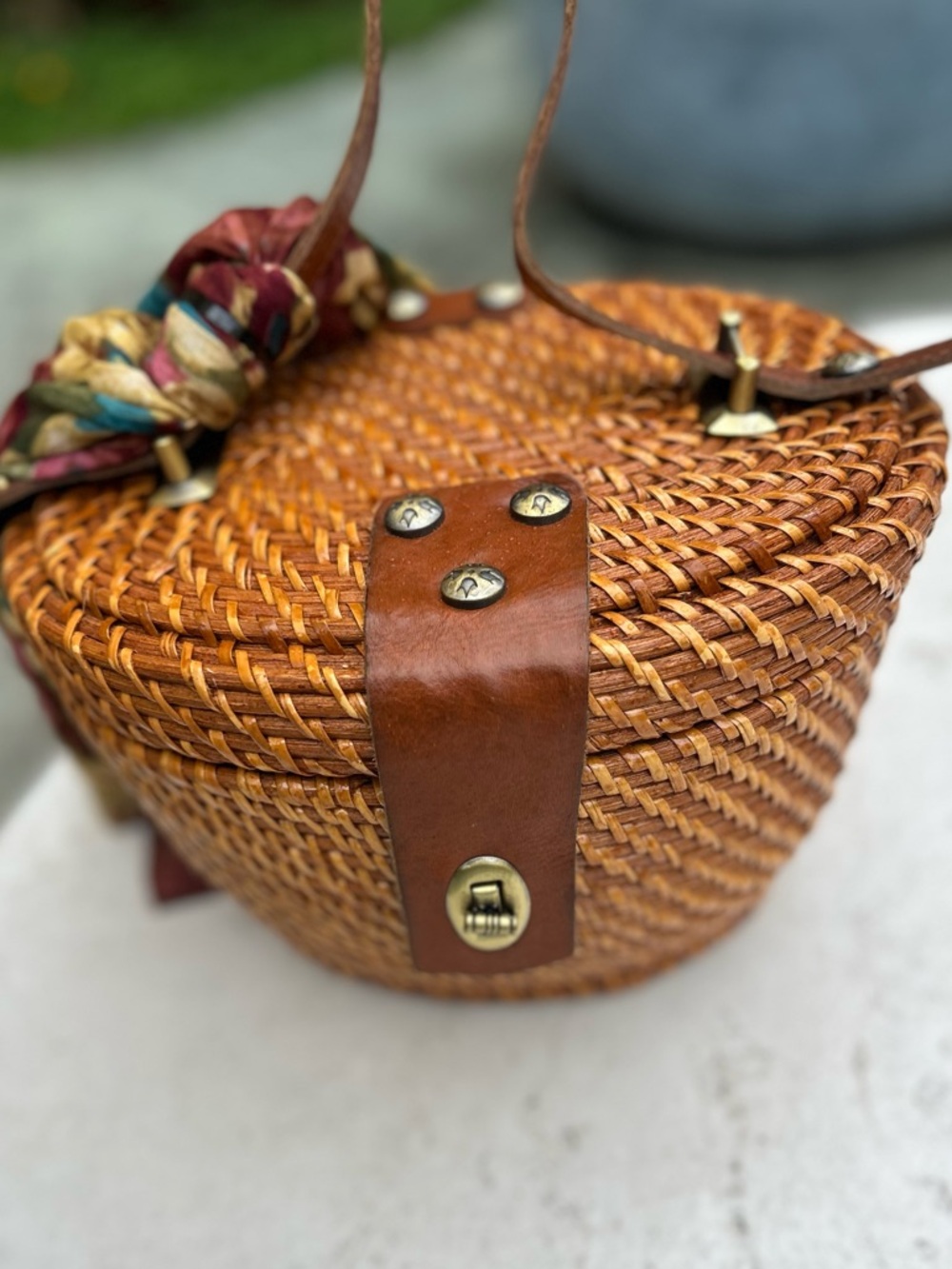 Patricia Nash Tan Woven wicker Leather with Suede style lining bag bucket purse - Picture 5 of 15